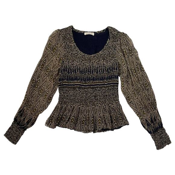 Paneros Stella Top in Olive Ikat - Smocked Bodice - Long Sleeve - Size M - Picture 3 of 7